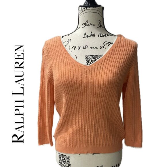 PREPPY COQUETTE CABLE KNIT SWEATER RALPH LAUREN 100% COTTON V NECK SZ PM CORAL - Picture 1 of 16